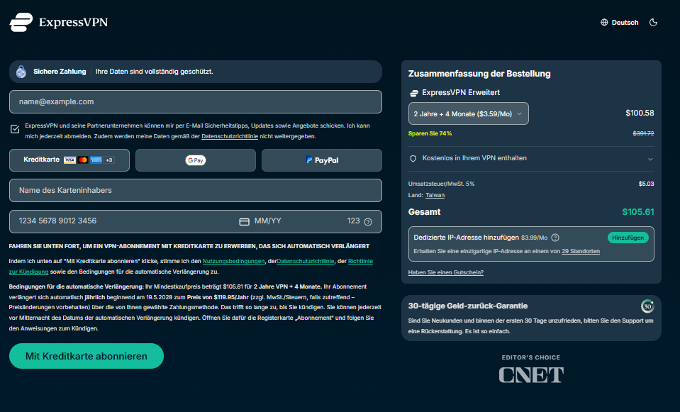 ExpressVPN Zahlungsbildschirm