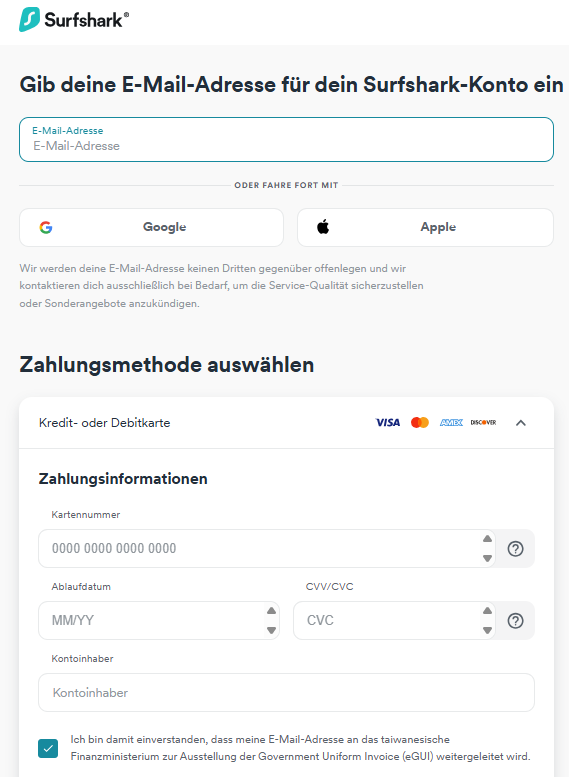 Surfshark Zahlungsbildschirm